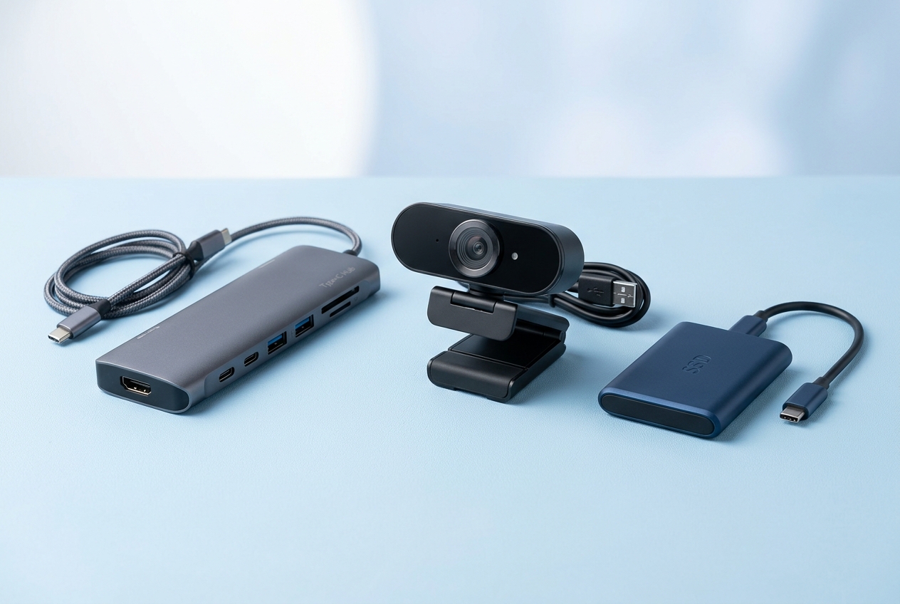 Kit télétravail : hub USB-C, webcam Full HD, SSD externe 1 To
